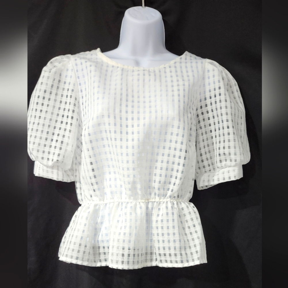 Mele E Pere Womens Puff Sleeve Top Size M White Sheer Modern Checkered Coquette